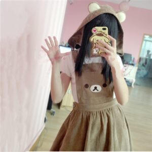 Mfacl Cute Lolita Dress Skirt Summer Dresses Japanese Kawaii Lolita Overall Dress Cute Bear Embroidery Hat Ball Gown Harajuku Lolita Dress Harajuku Cute Warm Dress (Color : Brown, Size : Medium)