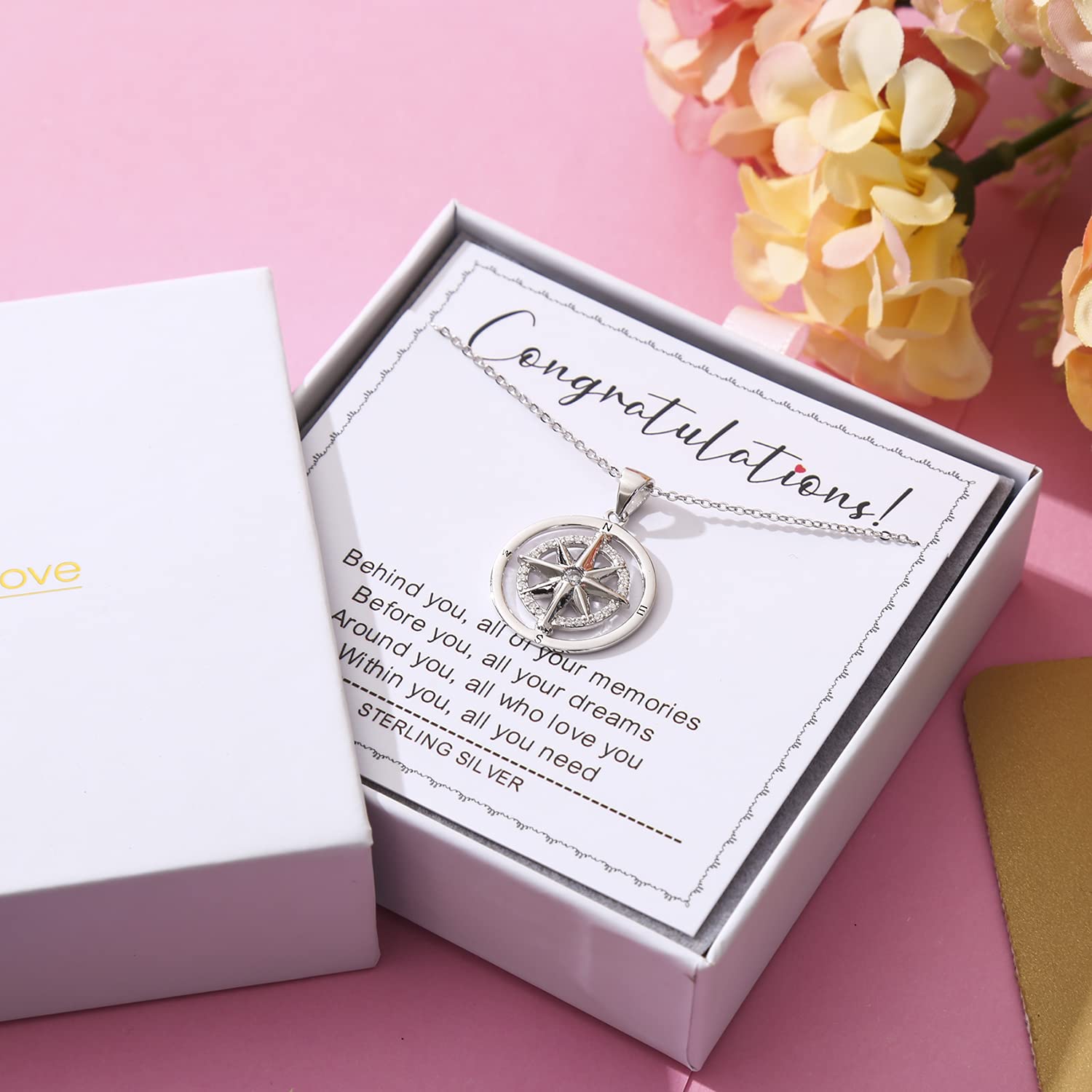 AmpleLove Graduation Gifts for Her, Sterling Silver compass Necklace Pendant, Necklaces for Women, College, High School Graduation Necklace