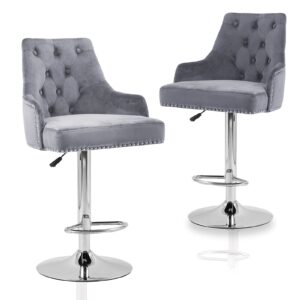 velvet bar stools chairs adjustable height swivel bar stool with button tufted upholstered barstools footrest and back for counter kitchen island kitchen 2 pack (grey)