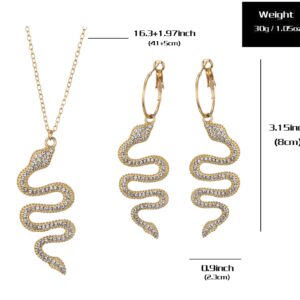 Balirek Snake Earring & Necklace 14K Gold Plated Dangle Earrings Personalized Punk Animal Hypoallergenic Fashion Rhinestone Ear Jewelry Set for Women