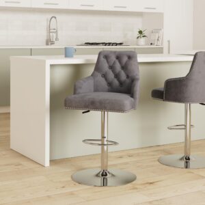 Velvet Bar Stools Chairs Adjustable Height Swivel Bar Stool with Button Tufted Upholstered Barstools Footrest and Back for Counter Kitchen Island Kitchen 2 Pack (Grey)