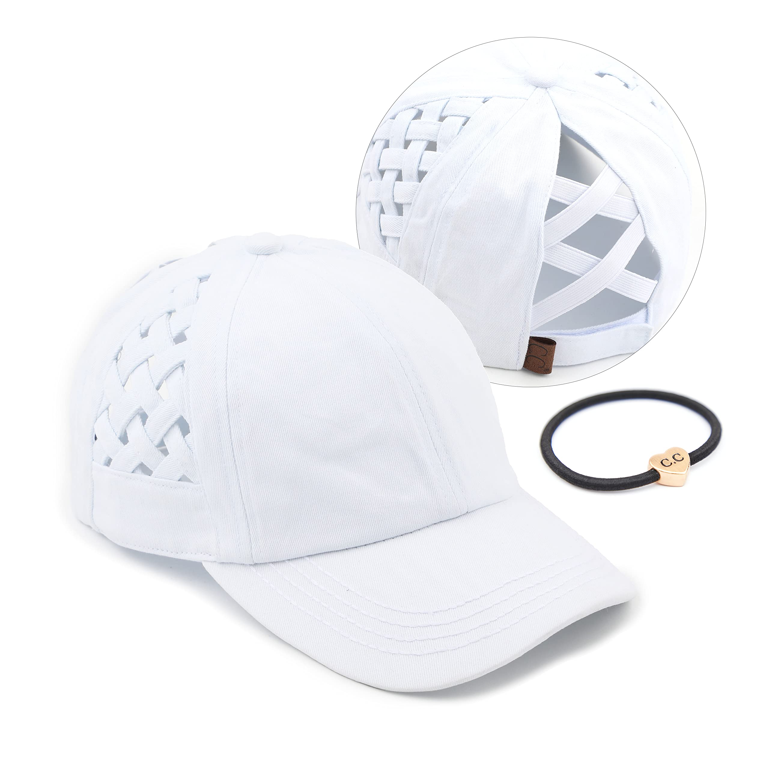 C.C Exclusives Washed Cotton Denim Basket Weave Criss-Cross Ponytail Baseball Cap Bundle Hair Tie (BT-922) White