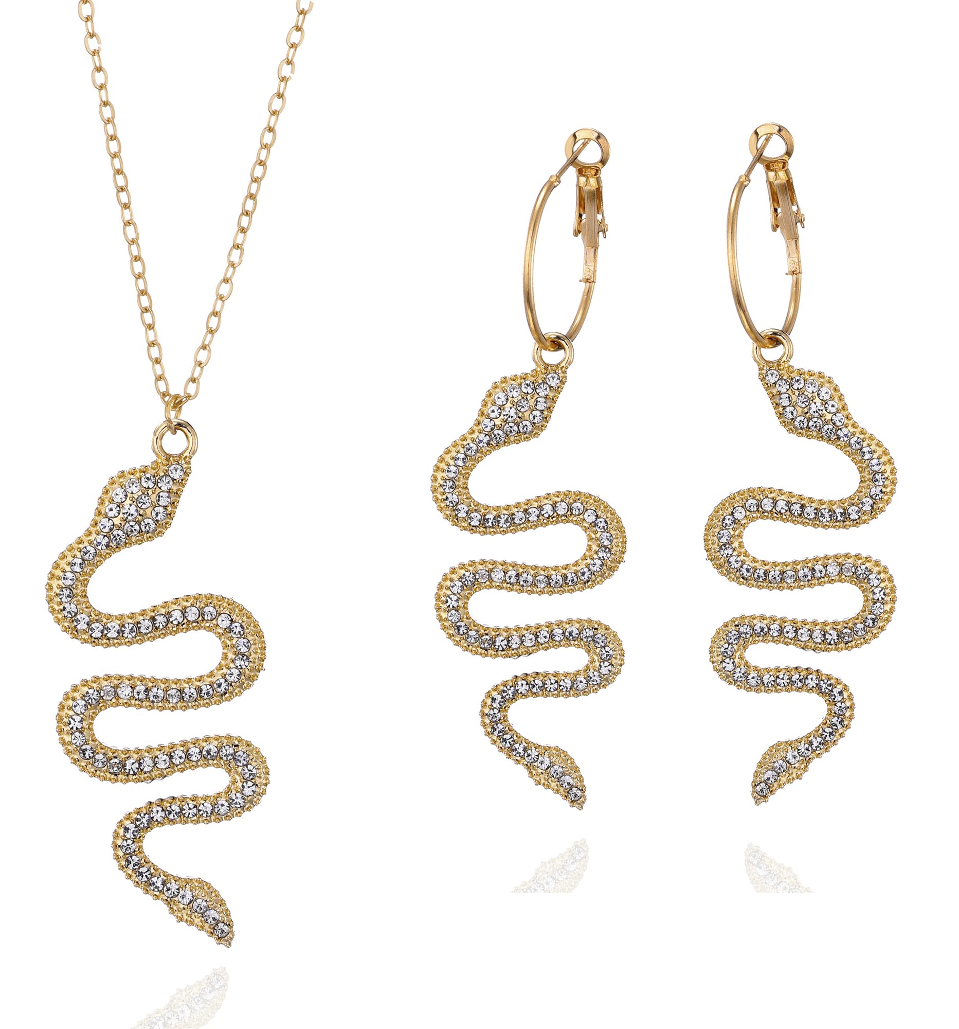 Balirek Snake Earring & Necklace 14K Gold Plated Dangle Earrings Personalized Punk Animal Hypoallergenic Fashion Rhinestone Ear Jewelry Set for Women