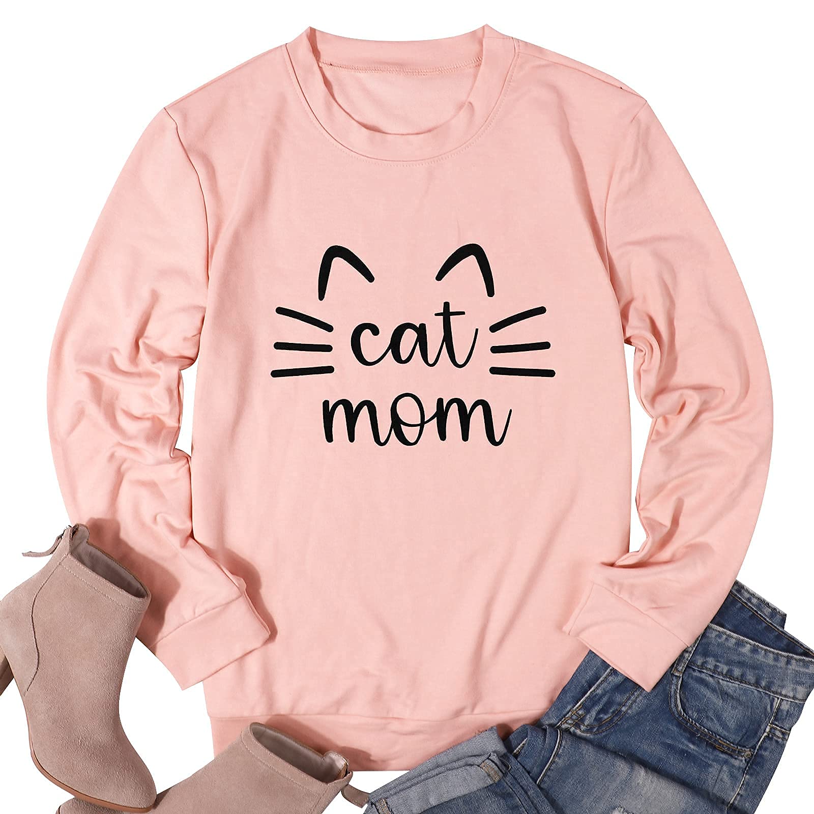 Cat Mom Sweatshirt Women Cat Mama Shirt Cute Cat Long Sleeve Letter Print Tshirt Tops Pink