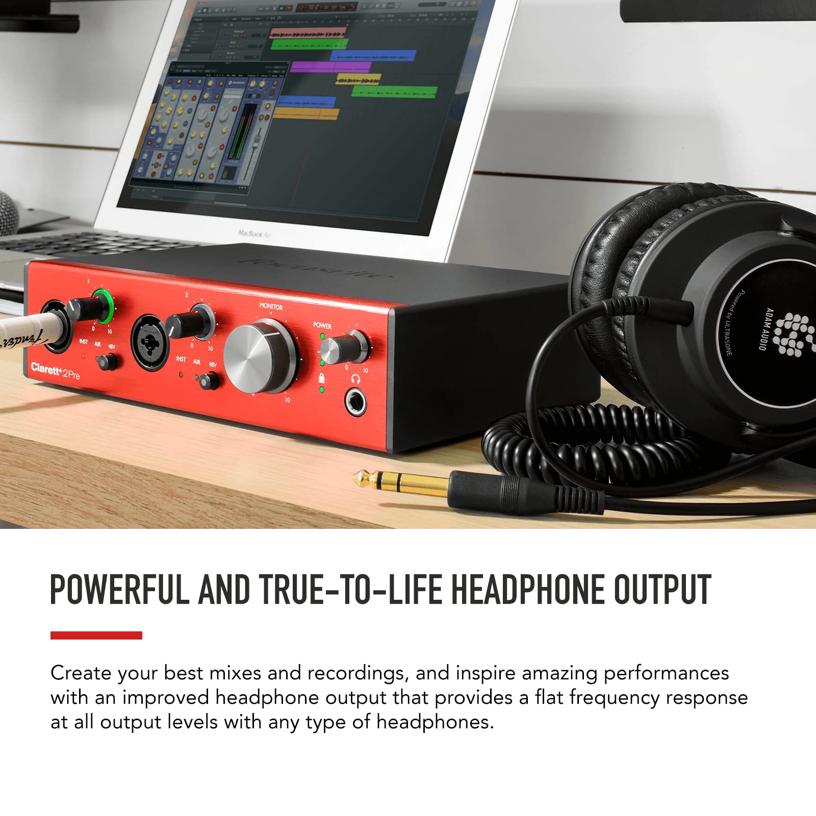 Focusrite Clarett+ 2Pre USB-C Bus-Powered Audio Interface for Music Production, with Two Professional Quality Pre-Amps and Powerful and Transparent Headphone Outputs/Instrument Inputs