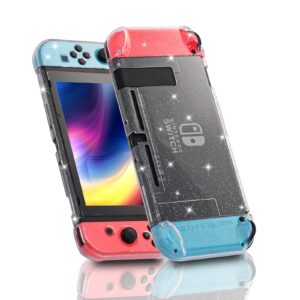 Dockable Case for Nintendo Switch, Protective Case for Nintendo Switch with a Tempered Glass Screen Protector and 6 Joy Stick Covers, Fit into The Dock Station - Clear Glitter