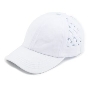 C.C Exclusives Washed Cotton Denim Basket Weave Criss-Cross Ponytail Baseball Cap Bundle Hair Tie (BT-922) White