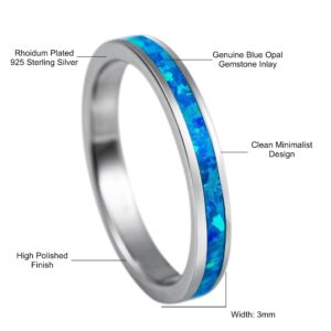 Aloha Jewelry Company 925 Sterling Silver 3mm Opal Stackable Wedding Ring Eternity Band, Blue White Opal, Rhodium Plated, Hypoallergenic for Sensitive Skin, Gift Box Included (3mm Blue Opal, 8)