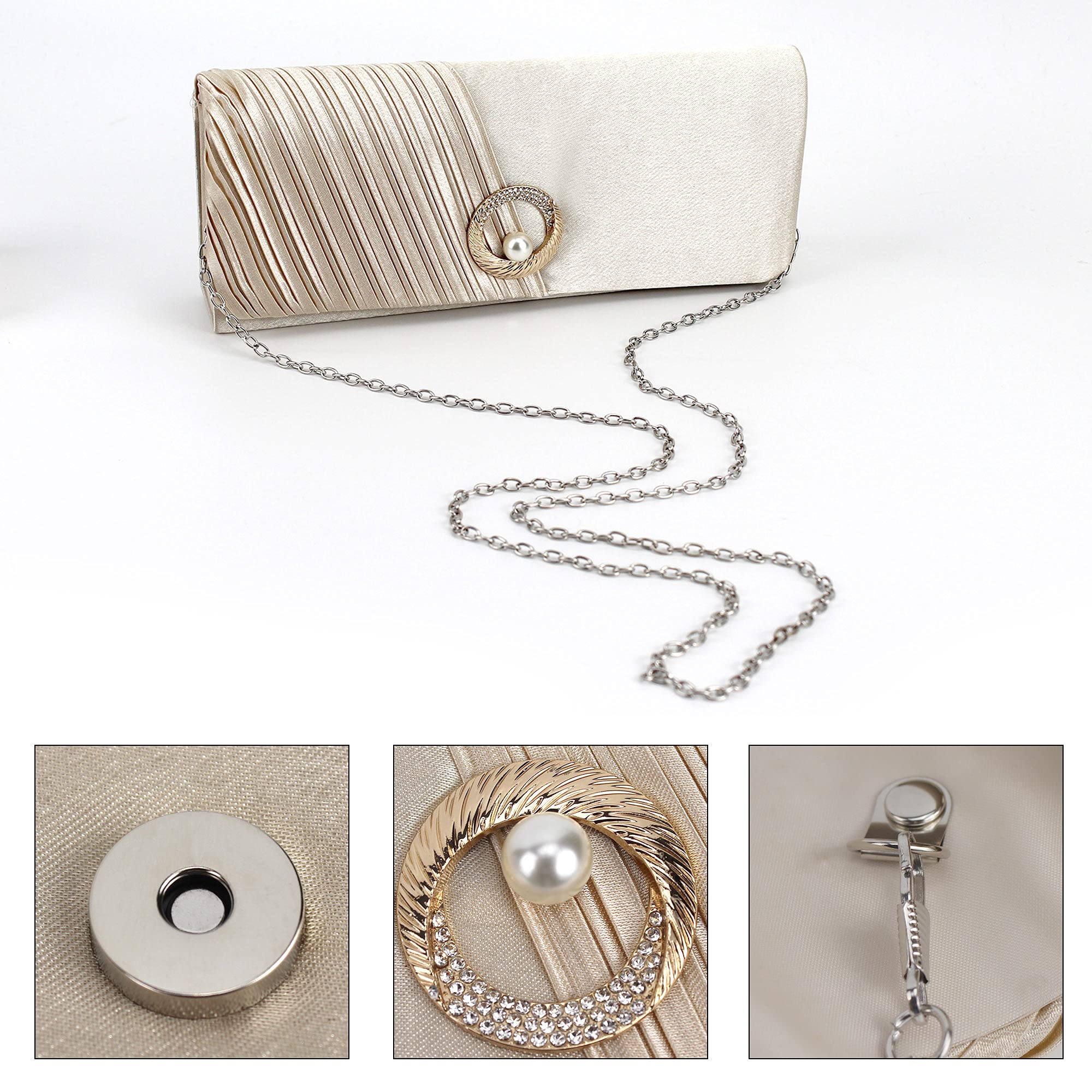 Reberomantic Women Satin Evening Bag Pearl Clutch Purses for Wedding Party Formal Crossbody Bag (Beige)