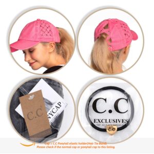 C.C Exclusives Washed Cotton Denim Basket Weave Criss-Cross Ponytail Baseball Cap Bundle Hair Tie (BT-922) White