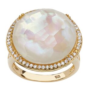 PalmBeach Yellow Gold-Plated Sterling Silver Round Genuine Mother of Pearl or Checkerboard-Cut Green Glass and Round Cubic Zirconia Pave Ring Size 8