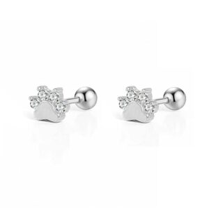 18g Mini Paw Print CZ Stud Earrings Sterling Silver Cartilage Tiny Ball Screw Back Small Studs Hypoallergenic Tragus Helix Cute Animals Dainty Sleeper Stud Earrings for Women Daughter Pet Lovers (silver)