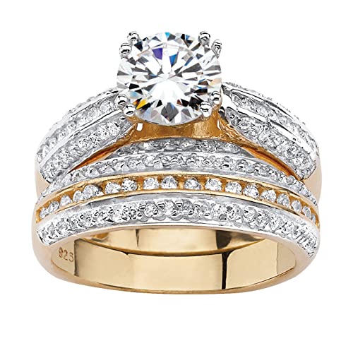 PalmBeach Yellow Gold-Plated or Platinum-Plated Sterling Silver Round Cubic Zirconia 2 Piece Bridal Ring Set Size 6