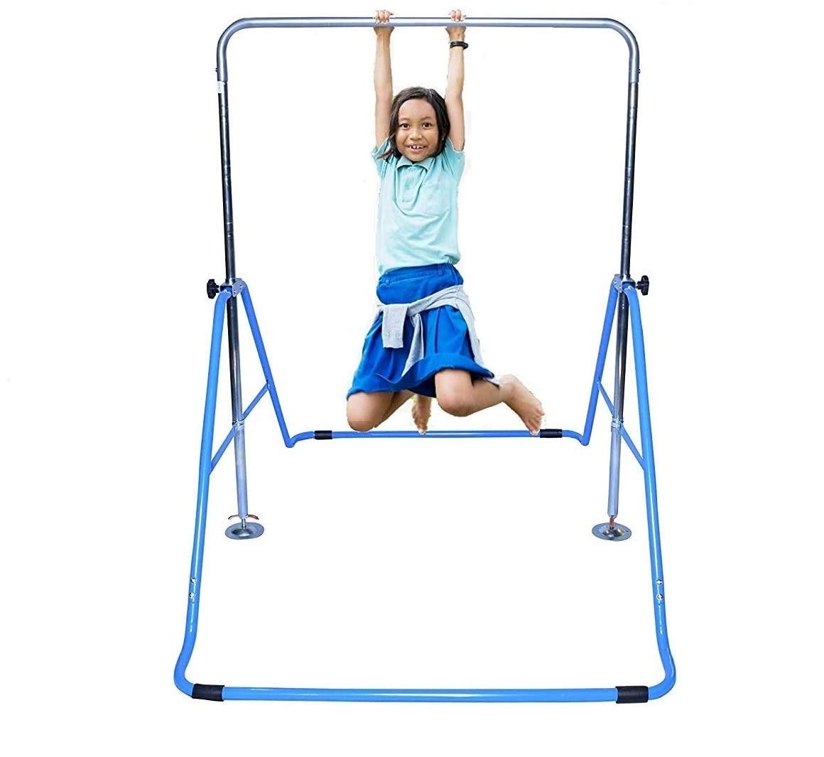 Gymnastics Training Bar for Kids Home Expandable Folding Kip Bar 4 in 1 Set with Swing Seat, 2 Trapeze Rings | Horizontal Bar Junior Gymnastic Equipment Height Adjustable Monkey Bars Jungle Gym Blue