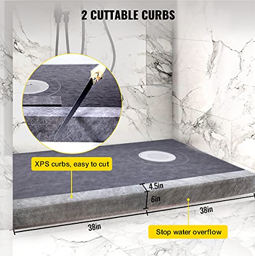 VEVOR Shower Curb Kit, 38"x60" Watertight Shower Curb Overlay with 4" ABS Offset Bonding Flange, 4" Stainless Steel Grate, 2 Cuttable Shower Curb and Trowel, Shower Pan Slope Sticks Fit for Bathroom