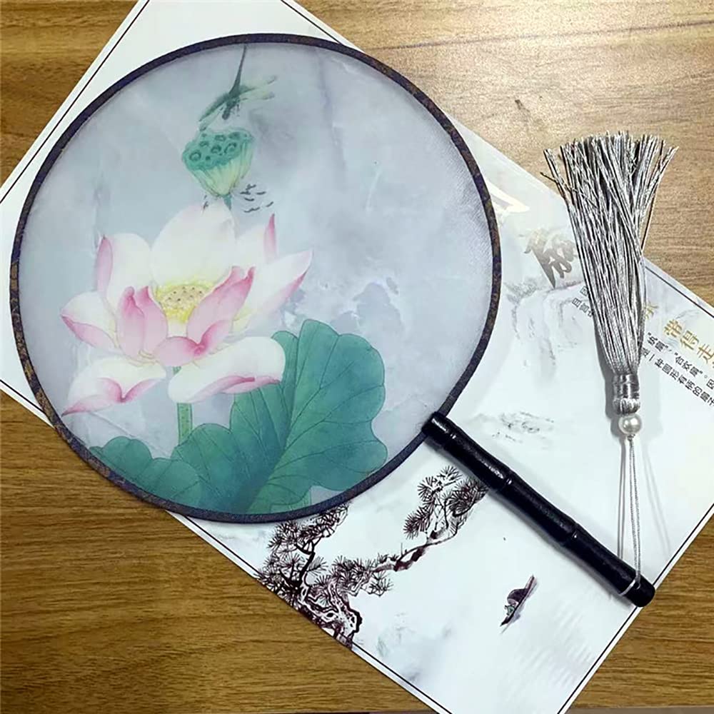 WDXIN Chinese Round Fan, Translucent Silk Ancient Hand Fan, Vintage Printed Dance Fan Fan Home Decor Fan Double-Sided Pattern Fan(3)