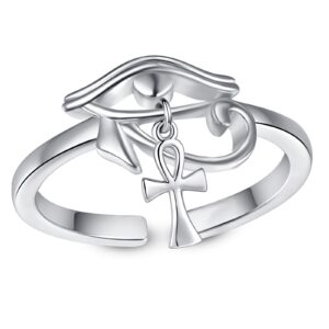 tangpoet eye of horus with ankh cross rings for women 925 sterling silver adjustable open rings protection jewelry gift for her