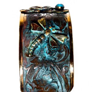 Elaine Coyne Collectible Artwear Verdigris Patina Brass Dragonflies Cuff - Amethyst, Carnelian, Garnet