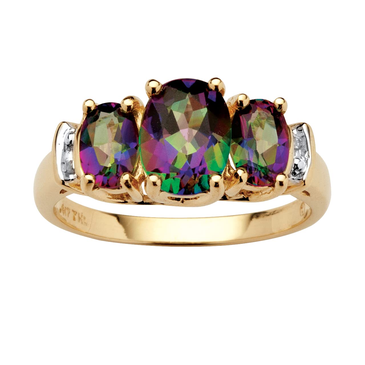 PalmBeach 10K Yellow Gold Oval Cut Genuine Mystic Fire Topaz and Diamond Accent 3-Stone Ring Sizes 6-10 Size 9