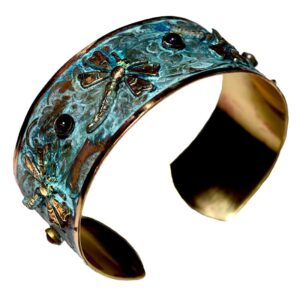 Elaine Coyne Collectible Artwear Verdigris Patina Brass Dragonflies Cuff - Amethyst, Carnelian, Garnet