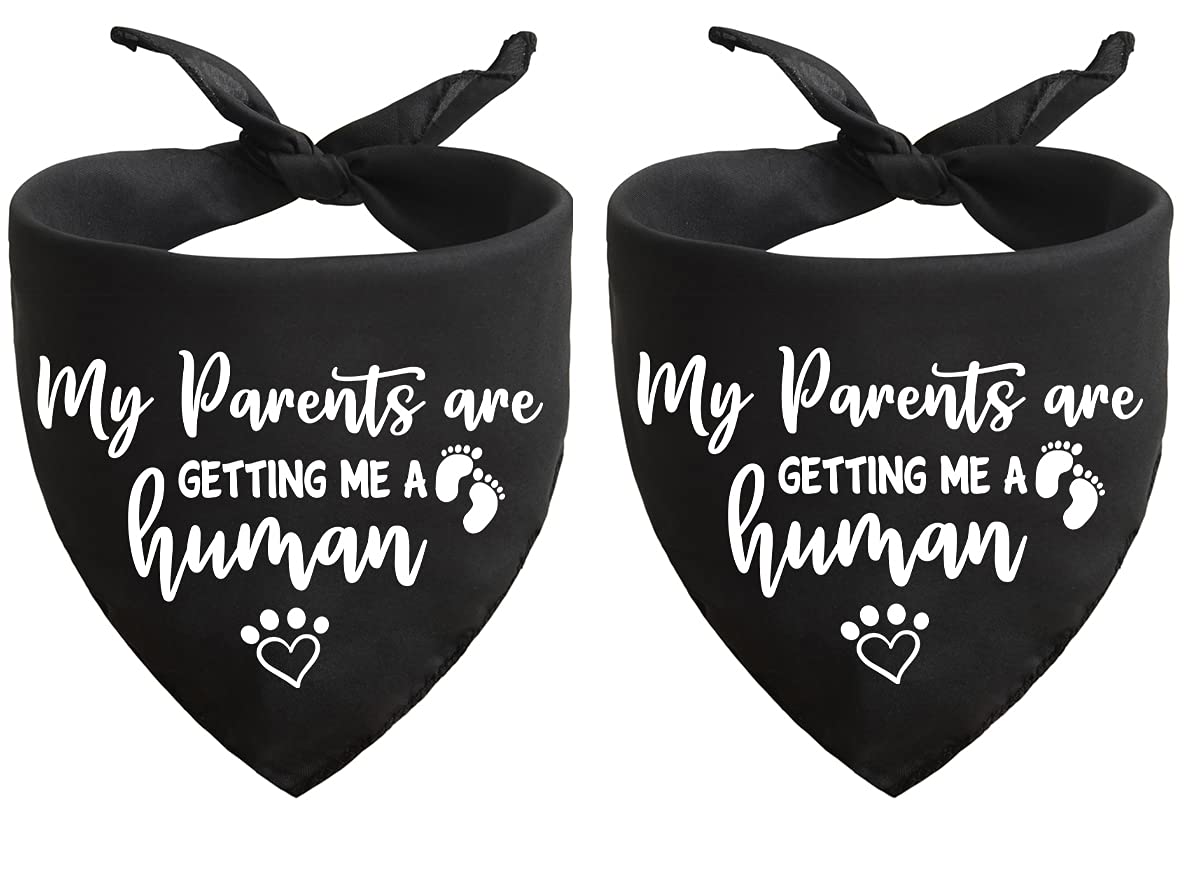 My Parents are Getting me a Human, Pregnancy Announcement Dog Bandana, Gender Reveal Photo Prop Pet Scarf Accessories,Pet Accessories for Dog Lovers, Black 2-Pack