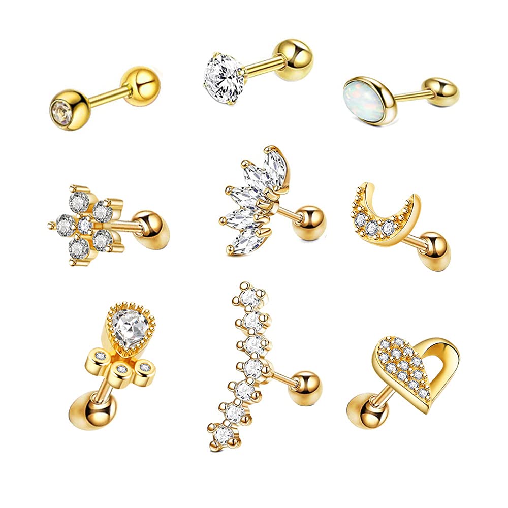 9Pcs Stainless Steel Cartilage Stud Earrings Set Moon Heart Barbell Helix Tragus CZ Moon Belly Button Ring,Lip Ring,for Women Men Ear Body Piercing Jewelry-Gold