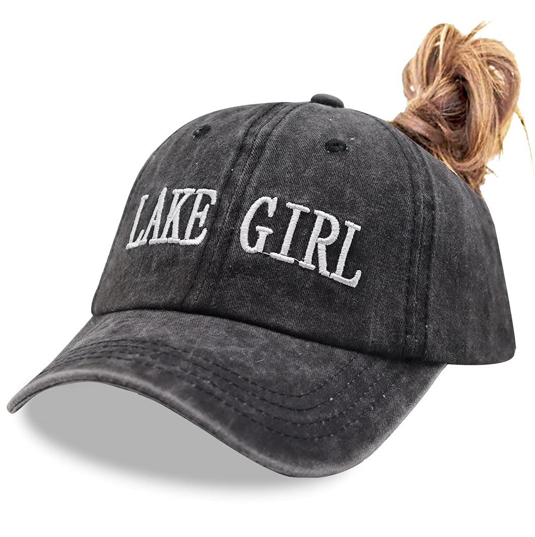 OASCUVER Women Lake Girl Ponytail Hat, Embroidery Adjustable Baseball Cap Washed Distressed Messy High Bun Ponycap …