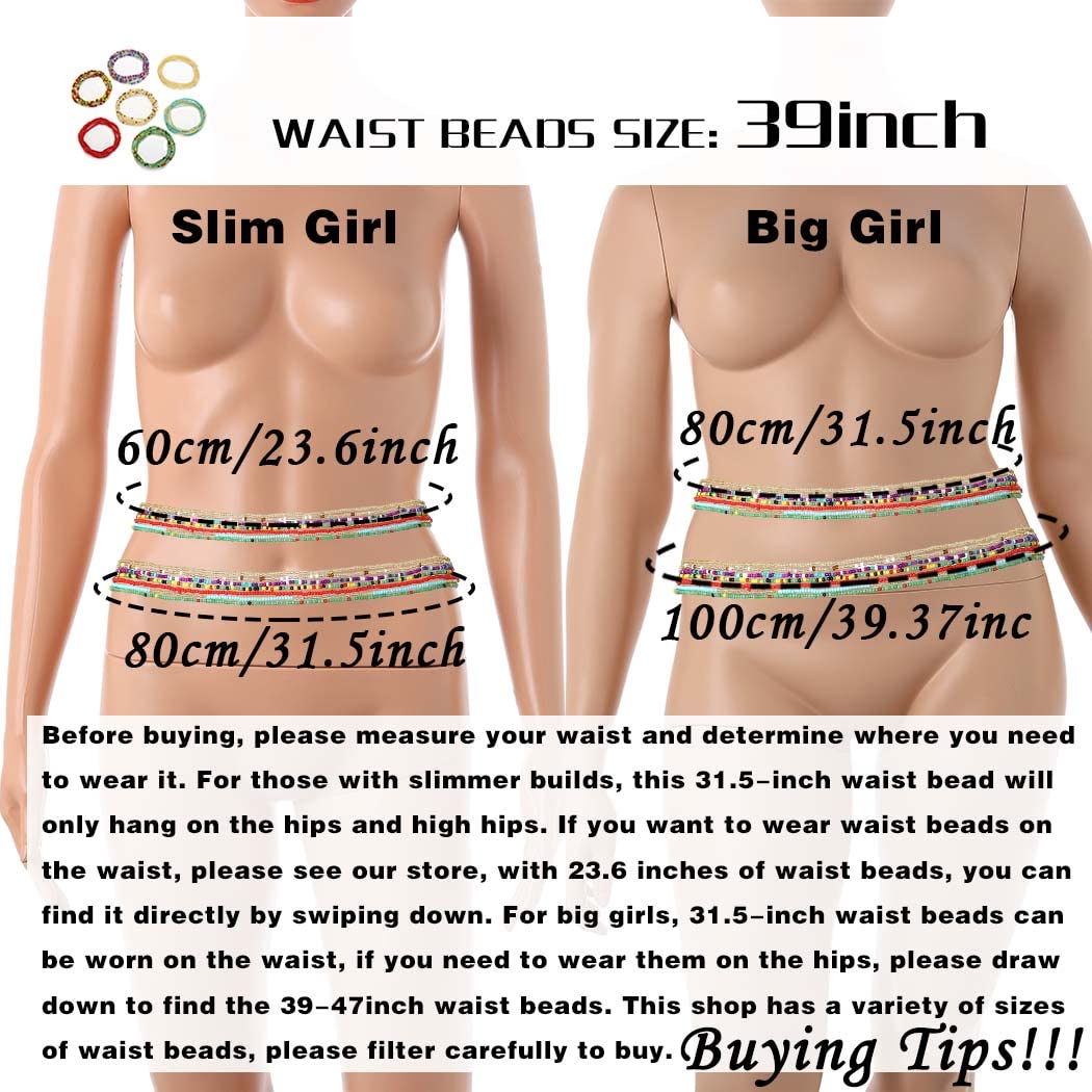 ELABEST Plus Size African Waist Beads Chain Layered Belly Body Chain Beach 7Pack Waist Jewelry Body Accessories for Women and Girls (39inch/100cm)