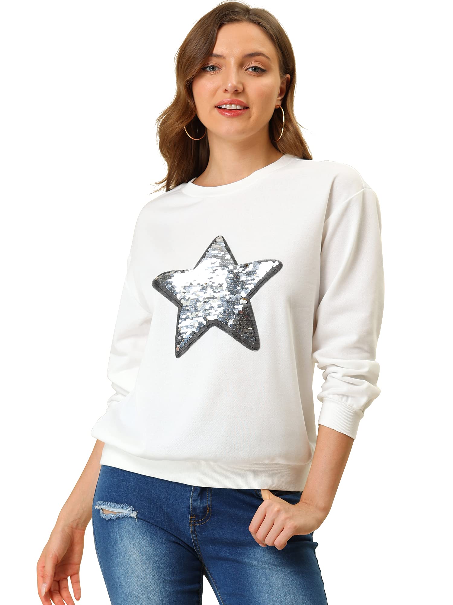 Allegra K Women's Sequin Shiny Star Crew Neck Long Sleeve Sweatshirt Top White Medium