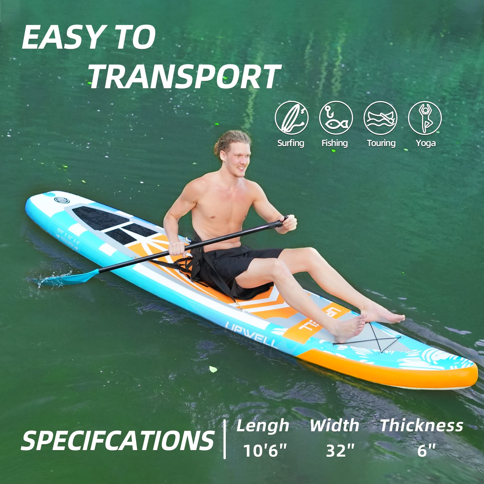 UPWELL Inflatable Stand Up Paddle Board with Kayak Seat, Premium SUP Paddle Boards for Adults, 10’6”Blow up Paddle Boards 6”Thick, Blue