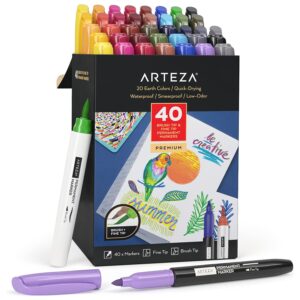 ARTEZA Colored Permanent Markers, Set of 40, Fine & Brush Tip Paint Pens