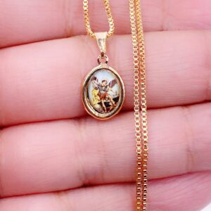 Beautiful Religious Necklace for Women Colored Saint Michael Archangel Pendant 18K Gold Plated Chain