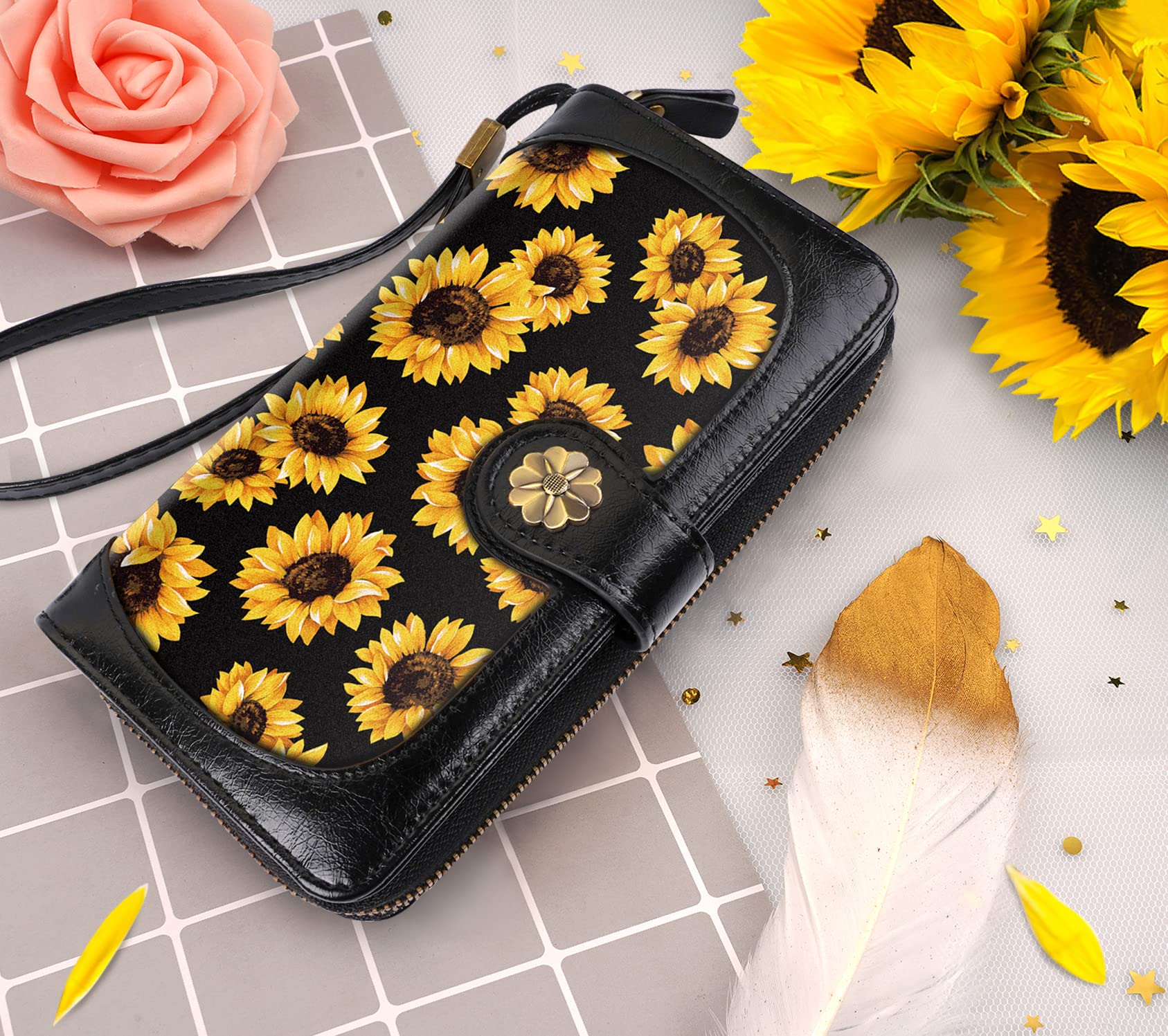 Coco Rossi Wallets for Women Multi Card Holder Wallet Clutch Wallet Card Holder Organizer Ladies Purse with Wrist strap Purse,Sunflower