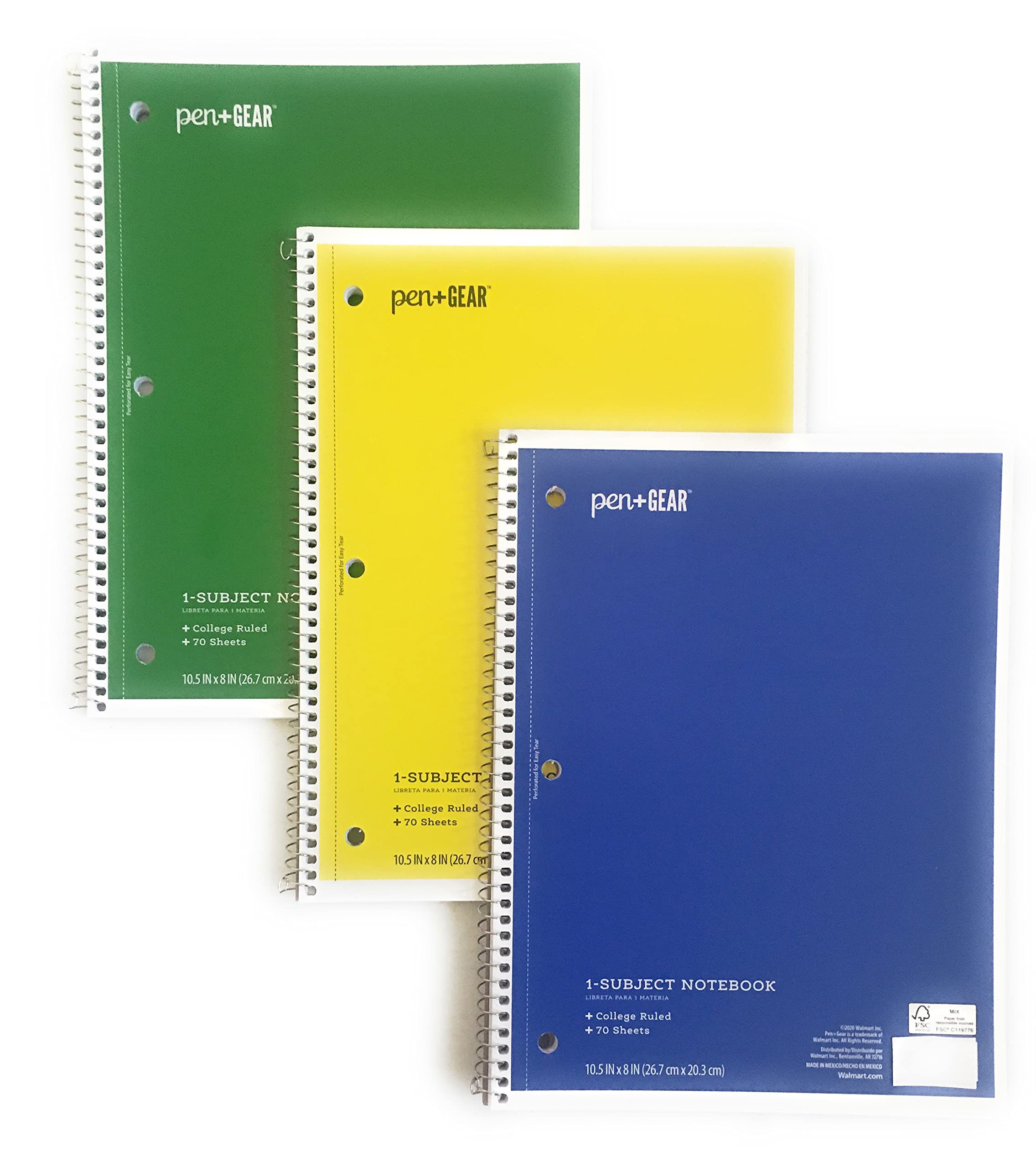 Pen + Gear 1 - Subject Spiral Notebook, College Ruled, 70 Sheets ( Yellow - Blue - Green)