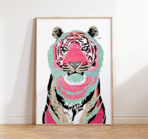 pink tiger art print | wall art | illustration | large | decor | made in usa | gallery grade | preppy | vintage | aesthetic | modern | cat | bengal | animal | dorm | unframed (12x16)…