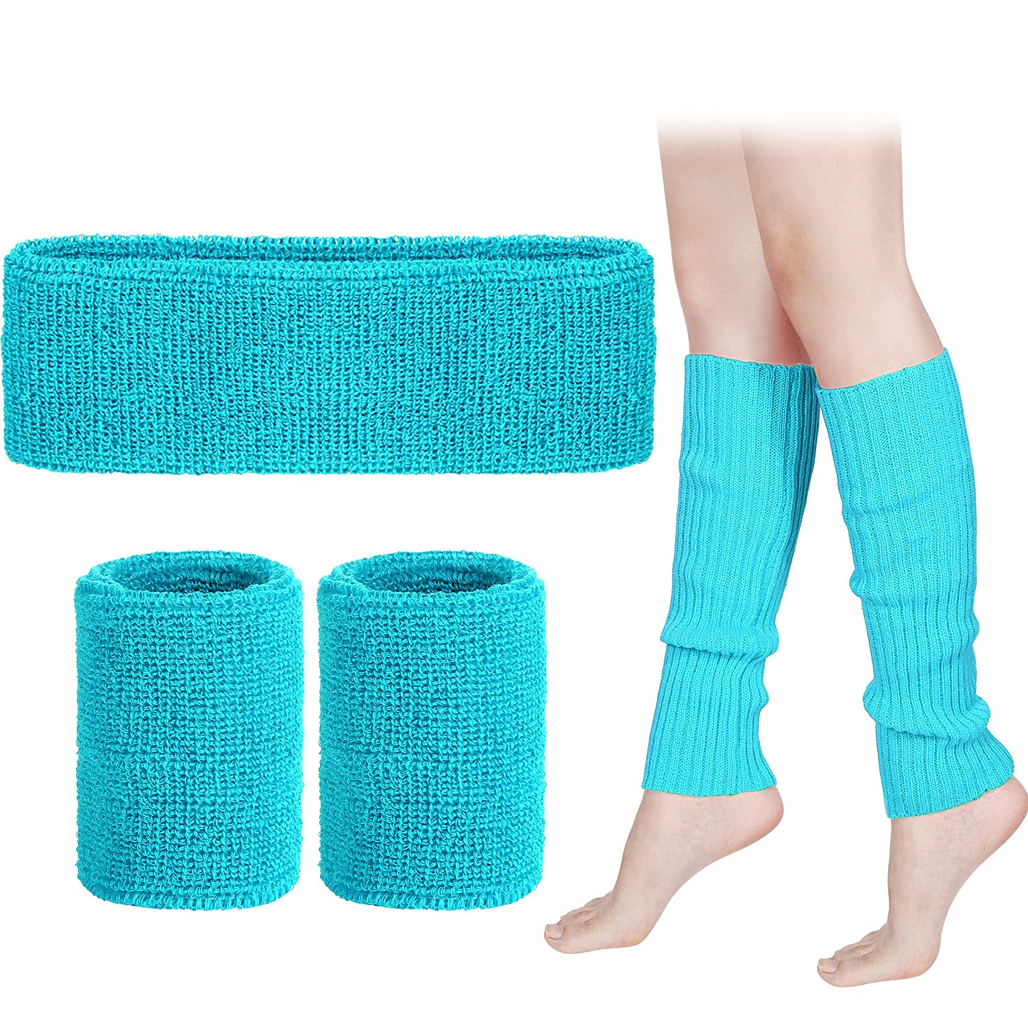 SATINIOR 80s Leg Warmer Set Women Headband Wristbands Knit Outfit 90s Workout Costume Yoga Sport Running(Blue)