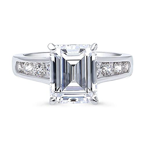 BERRICLE Sterling Silver Solitaire Wedding Engagement Rings 3.8 Carat Emerald Cut Cubic Zirconia CZ Cocktail Promise Ring for Women, Rhodium Plated Size 7