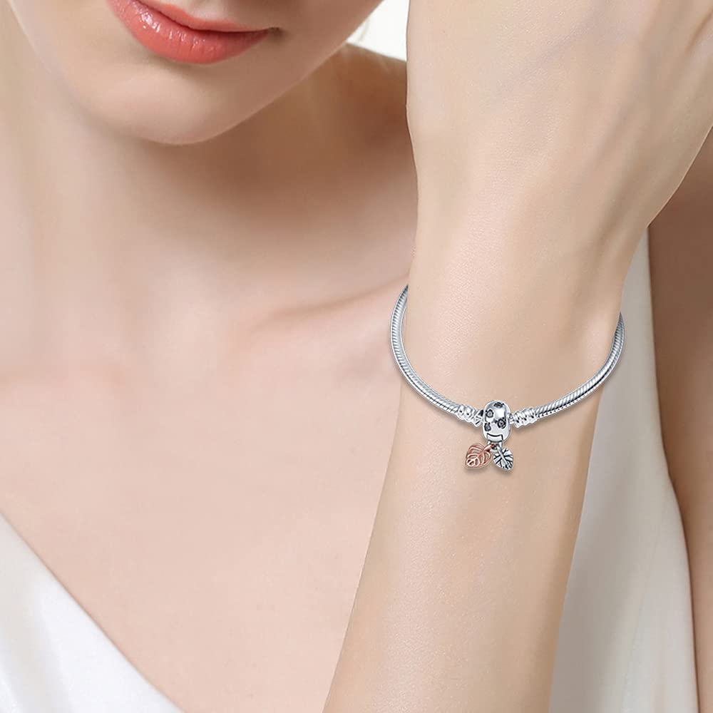 KUNSIR 925 Sterling Silver Snake Chain Bracelet with Lucky Leaf Charm Bracelets for Women Teen