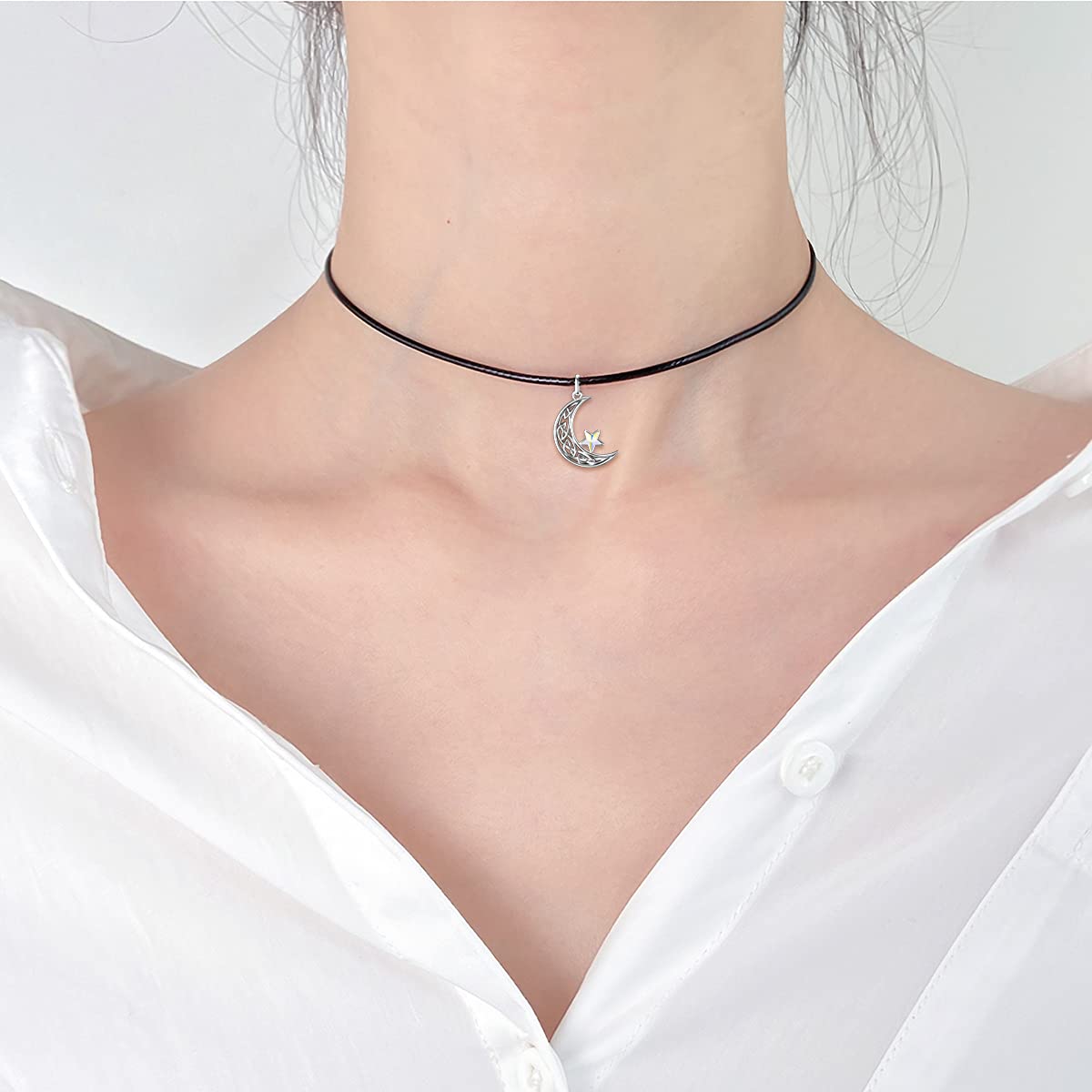 AOBOCO Celtic Knot Moon Choker Necklace for Women Sterling Silver Black Leather Crescent Choker with Crystal from Austria, Jewelry Gifts for Women