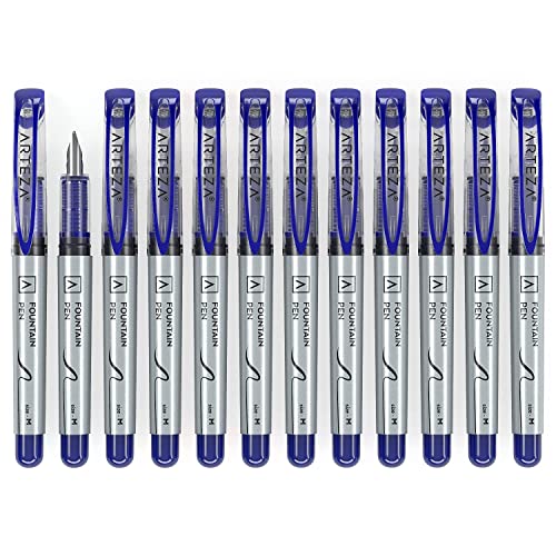 ARTEZA Disposable Fountain Pens, Pack of 12, Medium 0.9-mm Nib, Smooth-Writing Quick-Drying Blue Ink Pen, Art Supplies for Professionals, Students, and Hobbyists