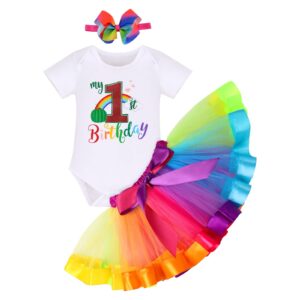 odasdo baby girl my 1st first birthday cake smash outfit one year old rainbow tutu tulle skirt cotton short sleeve romper bowknot headband 3pcs summer clothes set photo props carnival rainbow 1t