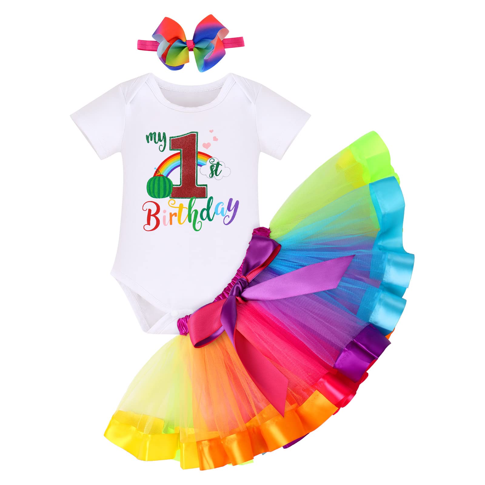 ODASDO Baby Girl My 1st First Birthday Cake Smash Outfit One Year Old Rainbow Tutu Tulle Skirt Cotton Short Sleeve Romper Bowknot Headband 3pcs Summer Clothes Set Photo Props Carnival Rainbow 1T