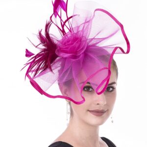 Lucky Leaf Girl Lady Hat Headwear Organza Church Feather Clip Fascinators Hat Wedding Party Kentucky Derby Cap for Women(L-Flowers-Fuschia)