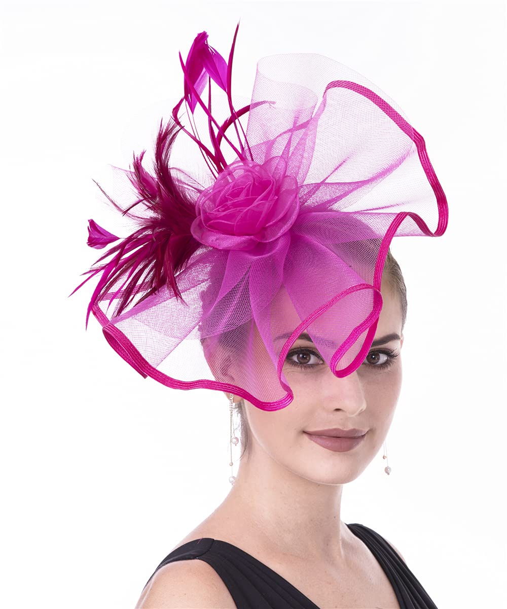 Lucky Leaf Girl Lady Hat Headwear Organza Church Feather Clip Fascinators Hat Wedding Party Kentucky Derby Cap for Women(L-Flowers-Fuschia)