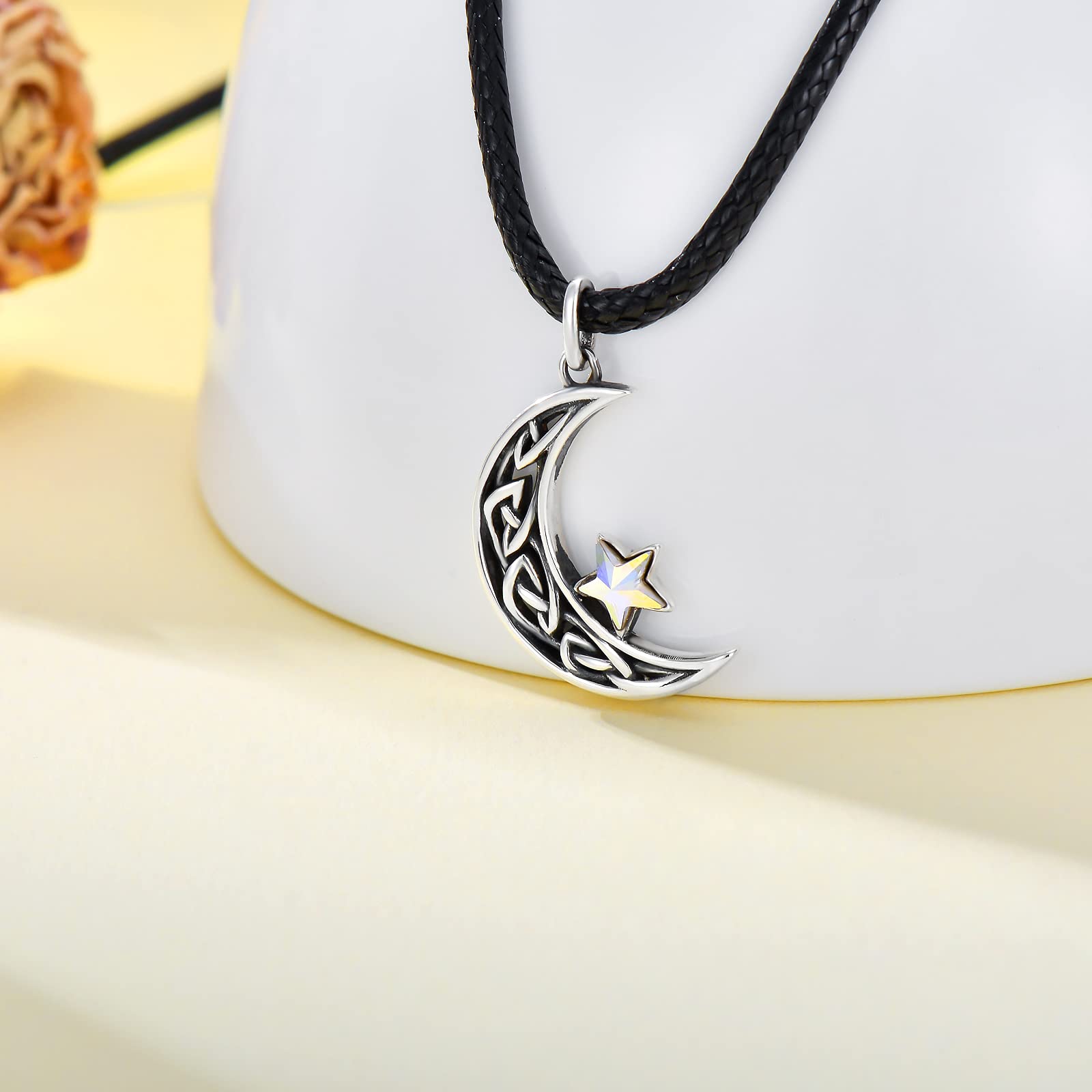 AOBOCO Celtic Knot Moon Choker Necklace for Women Sterling Silver Black Leather Crescent Choker with Crystal from Austria, Jewelry Gifts for Women