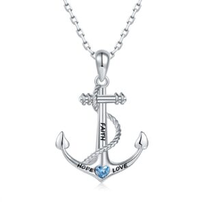 925-sterling-silver sailor anchor necklace for women - engraved ship nautical jewelry white gold plated chain faith hope love inspirational navy blue heart cubic zirconia pendant gifts