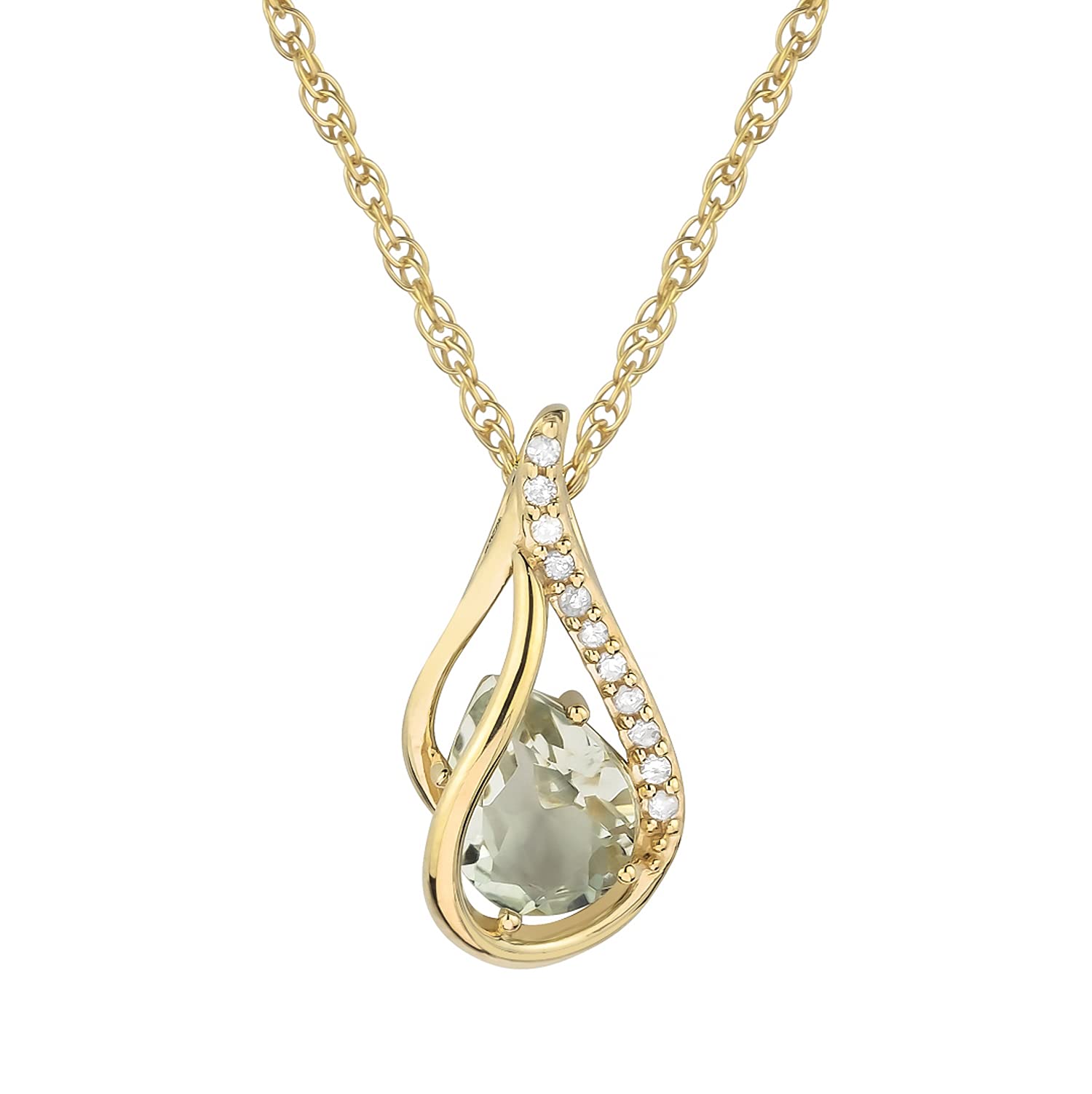 10k Yellow Gold Genuine Pear-shape Green Amethyst and Diamond Halo Drop Pendant Necklace