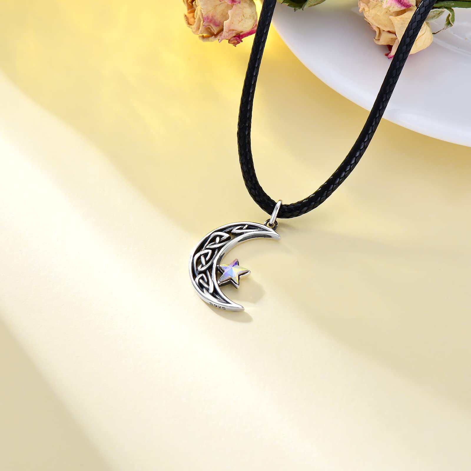 AOBOCO Celtic Knot Moon Choker Necklace for Women Sterling Silver Black Leather Crescent Choker with Crystal from Austria, Jewelry Gifts for Women