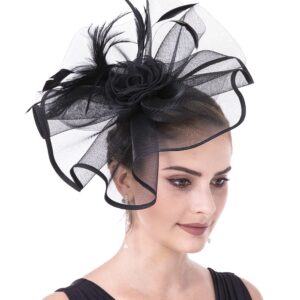 Lucky Leaf Girl Lady Hat Headwear Organza Church Feather Clip Fascinators Hat Wedding Party Kentucky Derby Cap for Women(L-Flowers-Black)