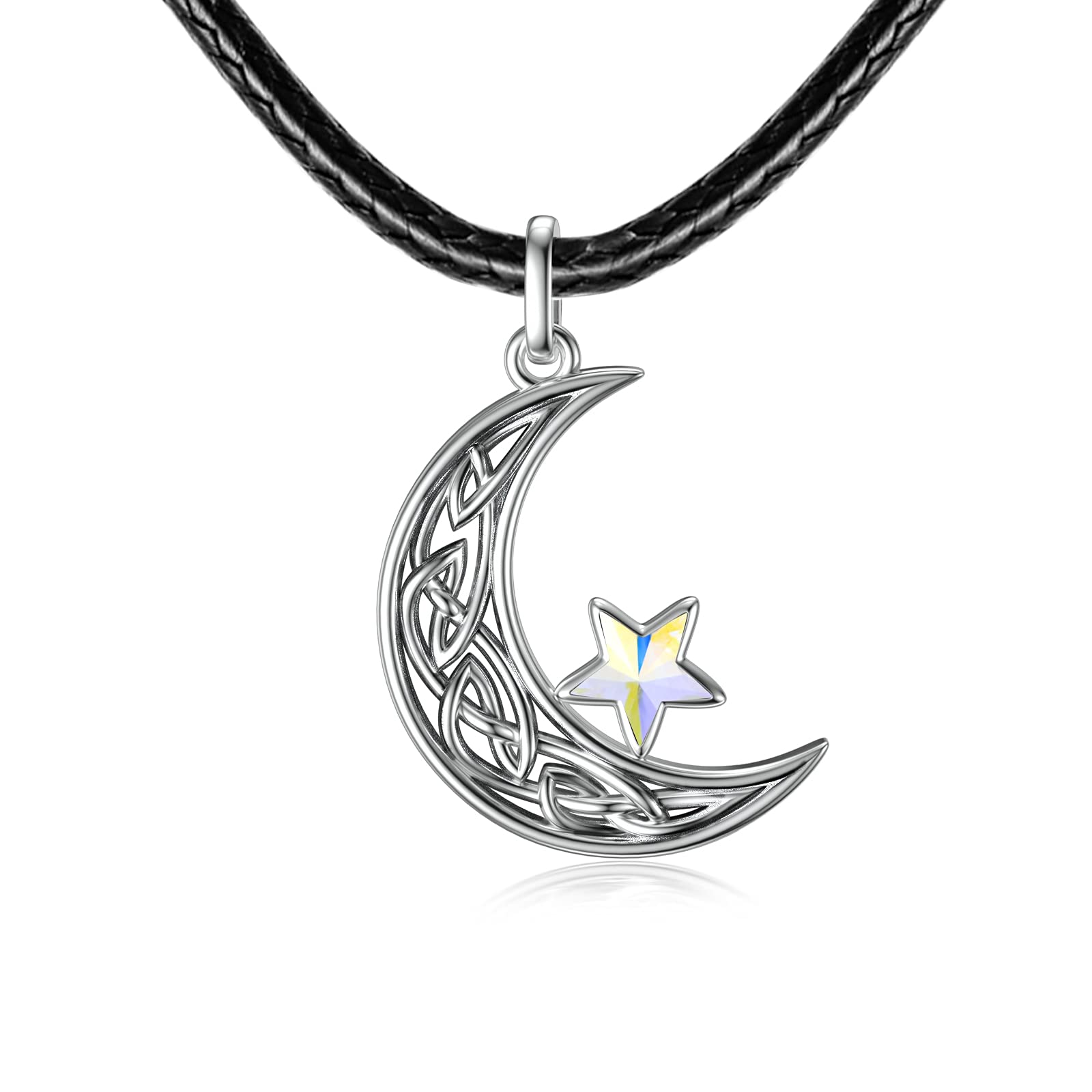 AOBOCO Celtic Knot Moon Choker Necklace for Women Sterling Silver Black Leather Crescent Choker with Crystal from Austria, Jewelry Gifts for Women